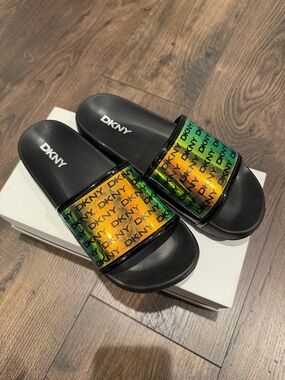 DKNY Black Slides with Iridescent Green-Gold Logo Strap